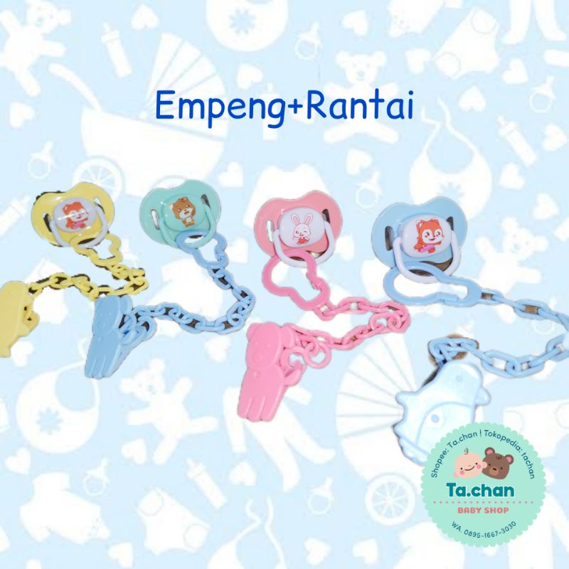 Empeng dan rantai / pacifier / empeng bayi /empeng gepeng / empeng bulat/ empeng Huki