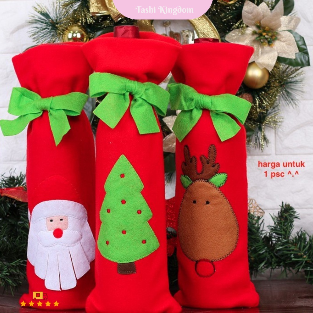 

kantong botol natal wine botol kain tempat bingkisan botol natal x'mas kantong kain natal kado