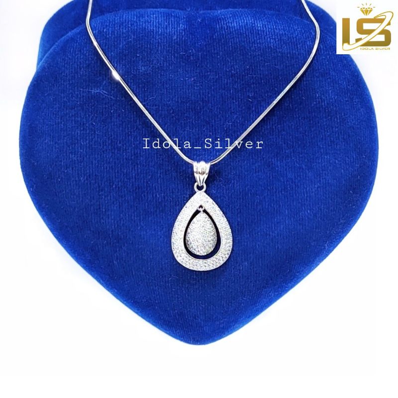 KALUNG PERAK ASLI SILVER WANITA 925 LAPIS EMAS PUTIH MODEL LIONTIN OVAL PERMATA KELILING - PERHIASAN PERAK ASLI