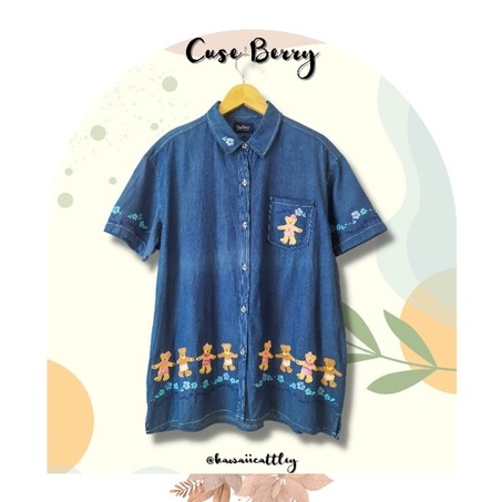 Kemeja Jeans Wanita Motif Beruang Cuse Berry Lengan Pendek