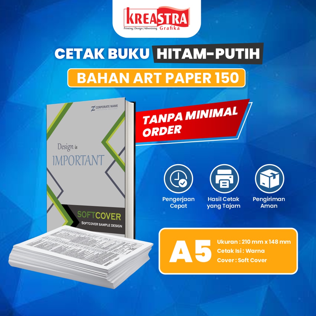 

Jasa Cetak Percetakan Buku Ukuran A5 Isi Hitam Putih Bahan ArtPaper 150 Sampul Soft Cover