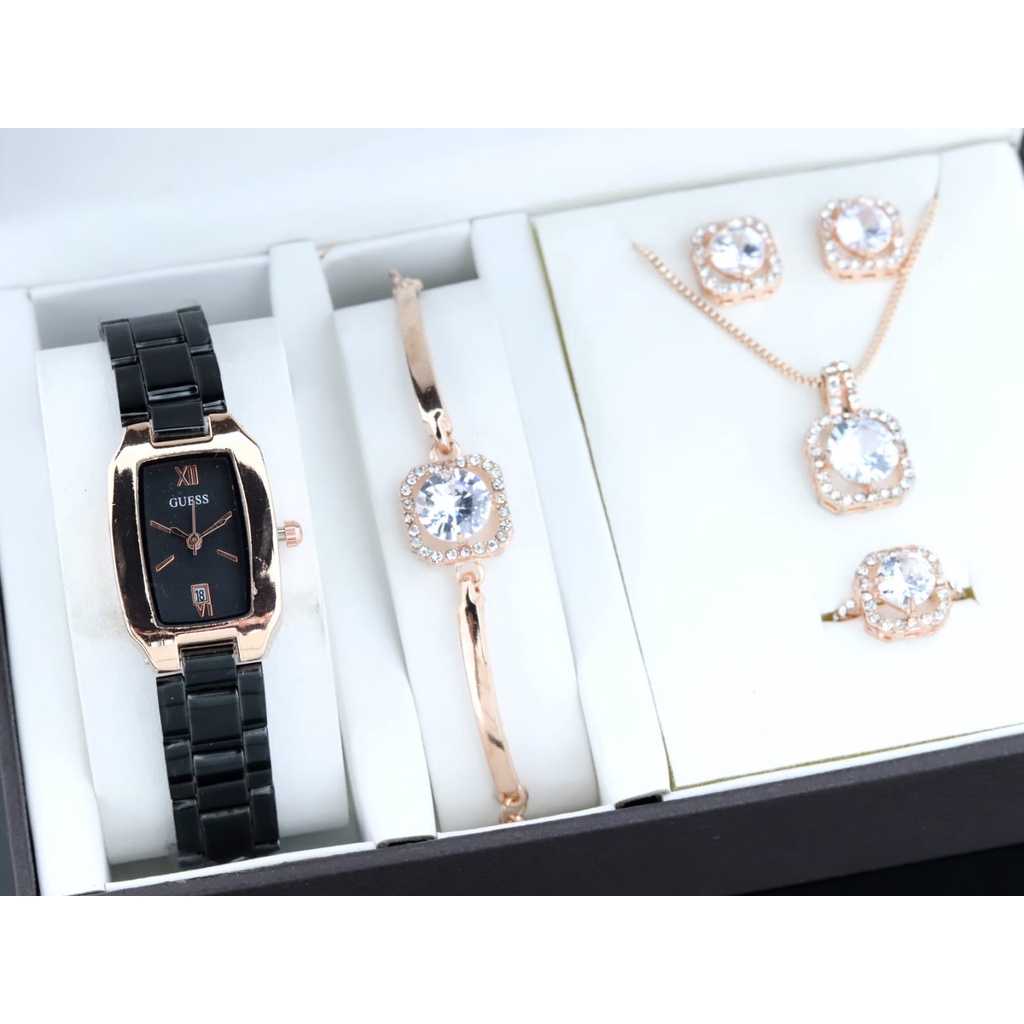 Jam tangan wanita Fullset Kalung Cincin Anting Dan Gelang Strap Rantai Tanggal Aktif