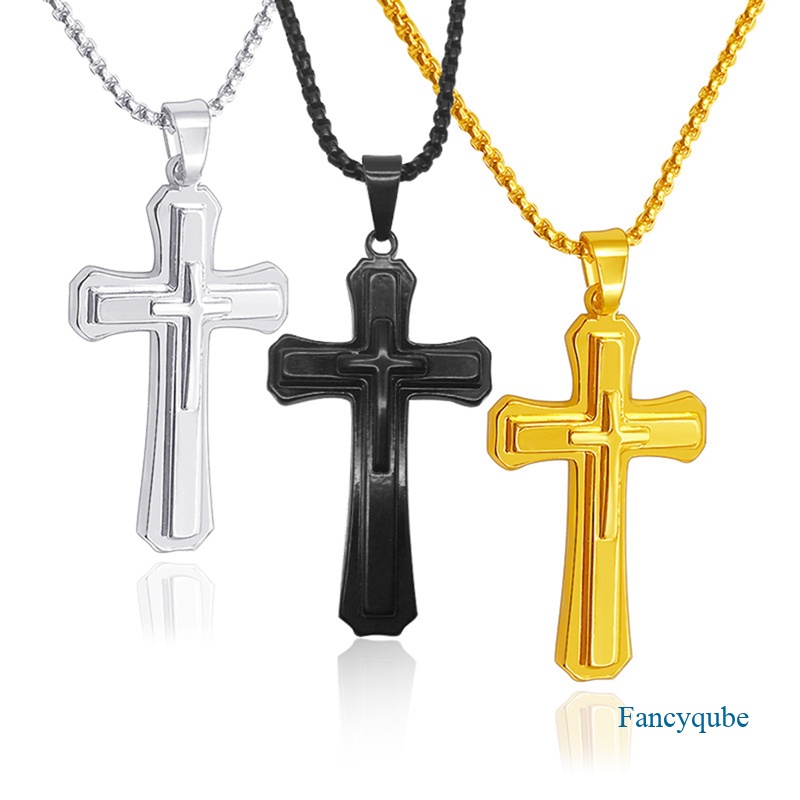 Fancyqube Kalung Liontin Salib Yesus Tiga Lapis Gaya Hip Hop Untuk Pria