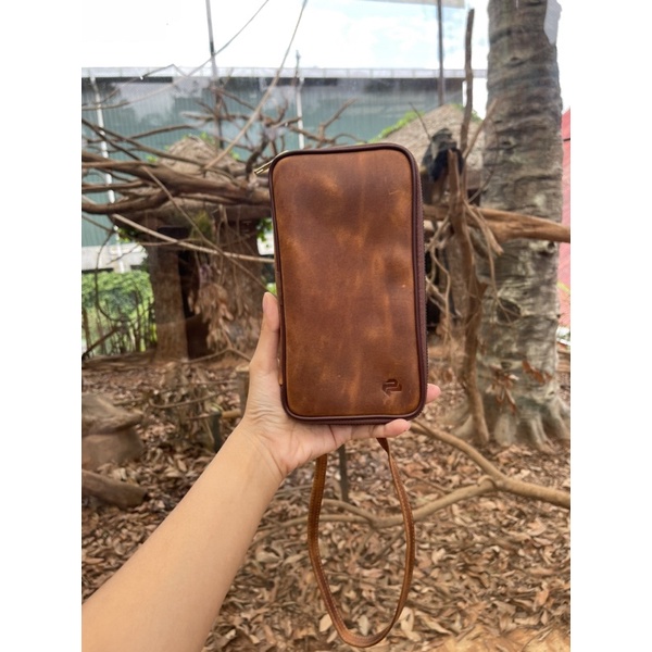 hanging wallet kulit asli. dompet gantung leher dompet handphone hp ponsel free grafir nama logo