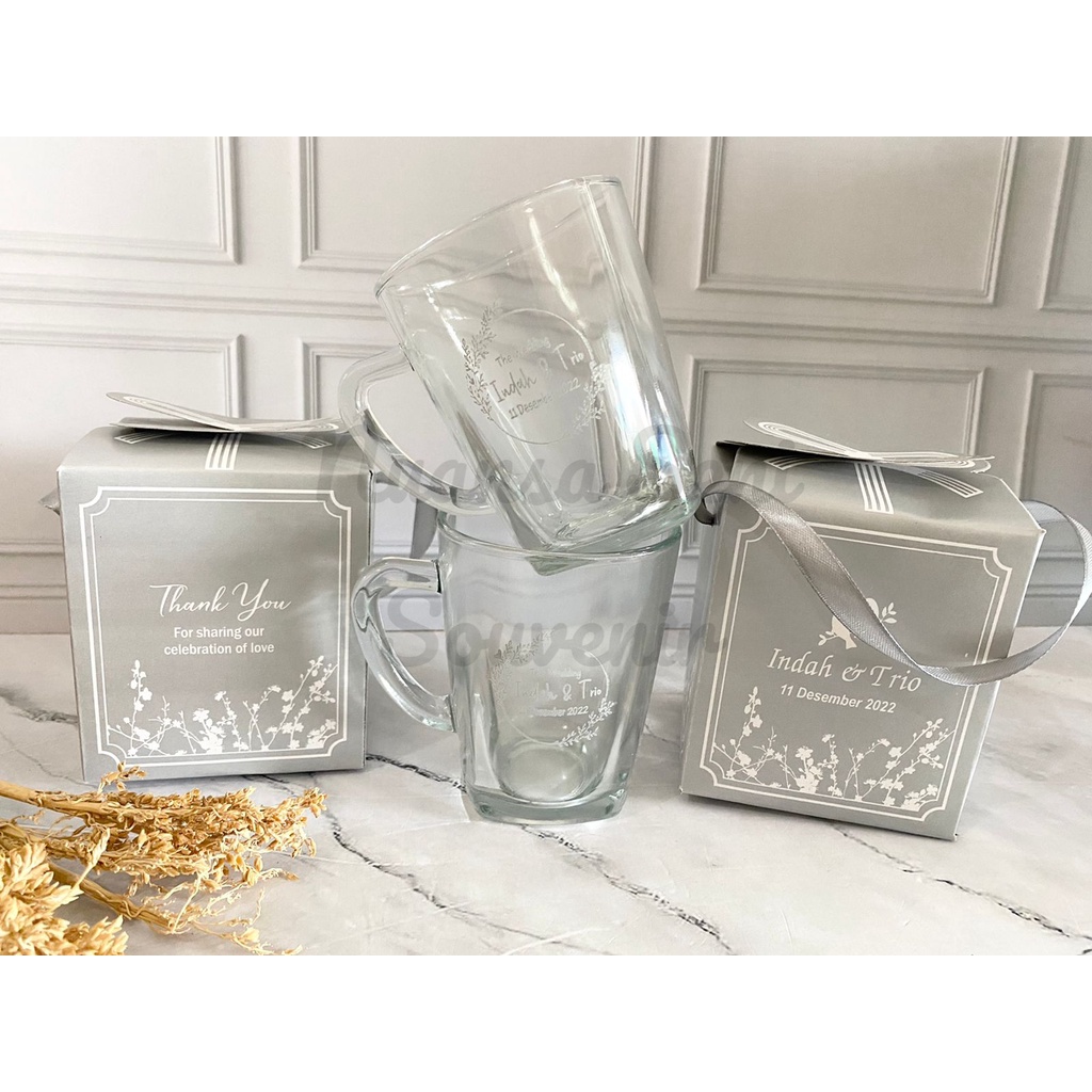 Souvenir Gelas Minum Gelas Kotak Gagang Kaca Cangkir Kopi Teh Mug Kaca Bening Gelas Sablon Custom