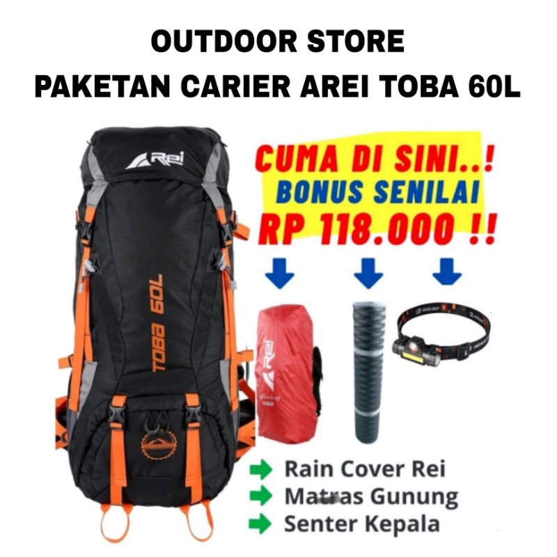 paketan Tas Gunung Carrier Arei TOBA 60 Liter bonus  matras senter raincover - Rei TOBA 60 Liter  / 