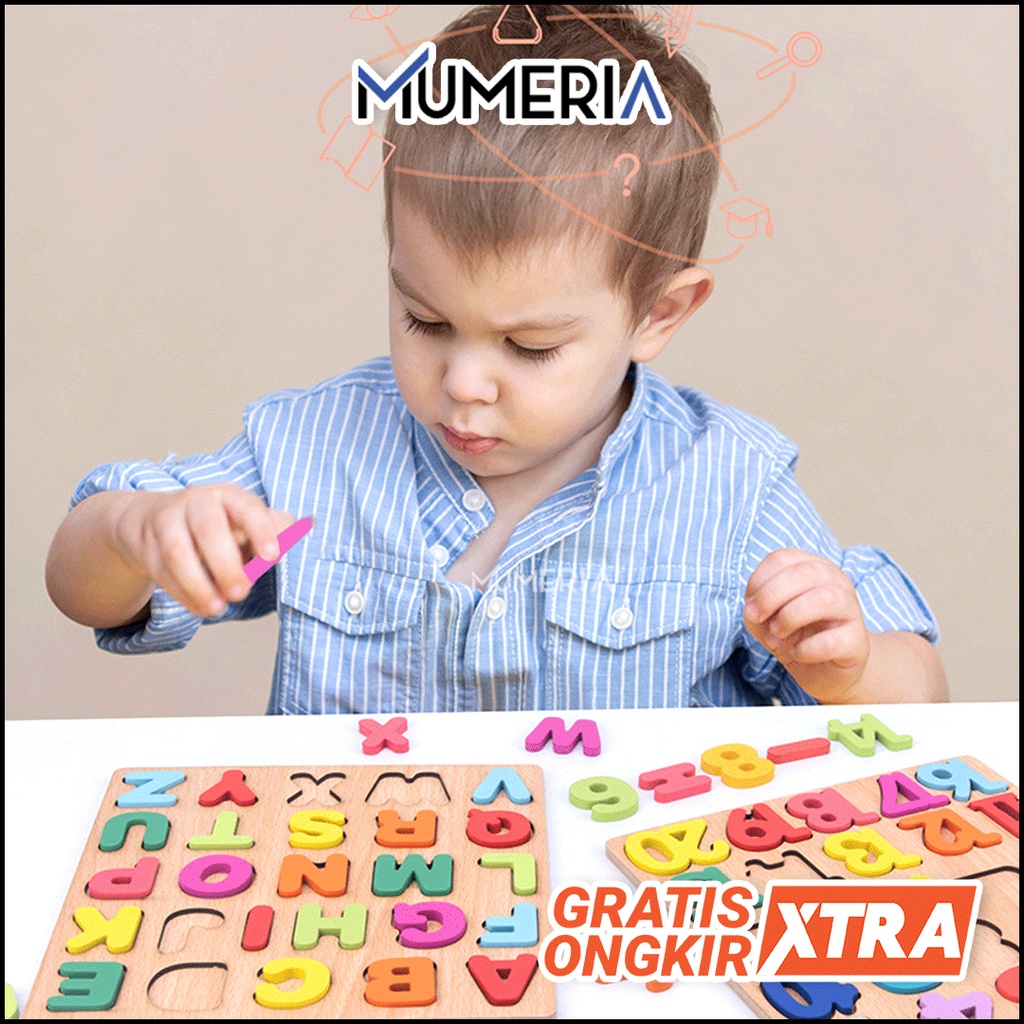 Jigsaw Wooden Chunky Mainan Balok Puzzle Belajar Edukasi Anak Kayu 3D Mengenal Huruf ABC Angka dan Bentuk Abjad Alphabet Murah Bagus