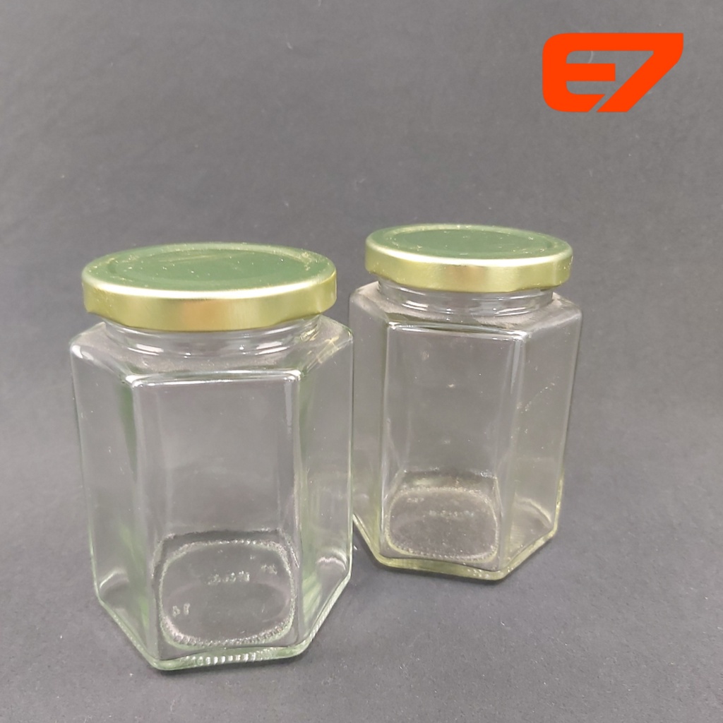 Toples Kaca Jar Beling Hexagonal +Tutup seng Botol Bumbu 320ml (50pcs)