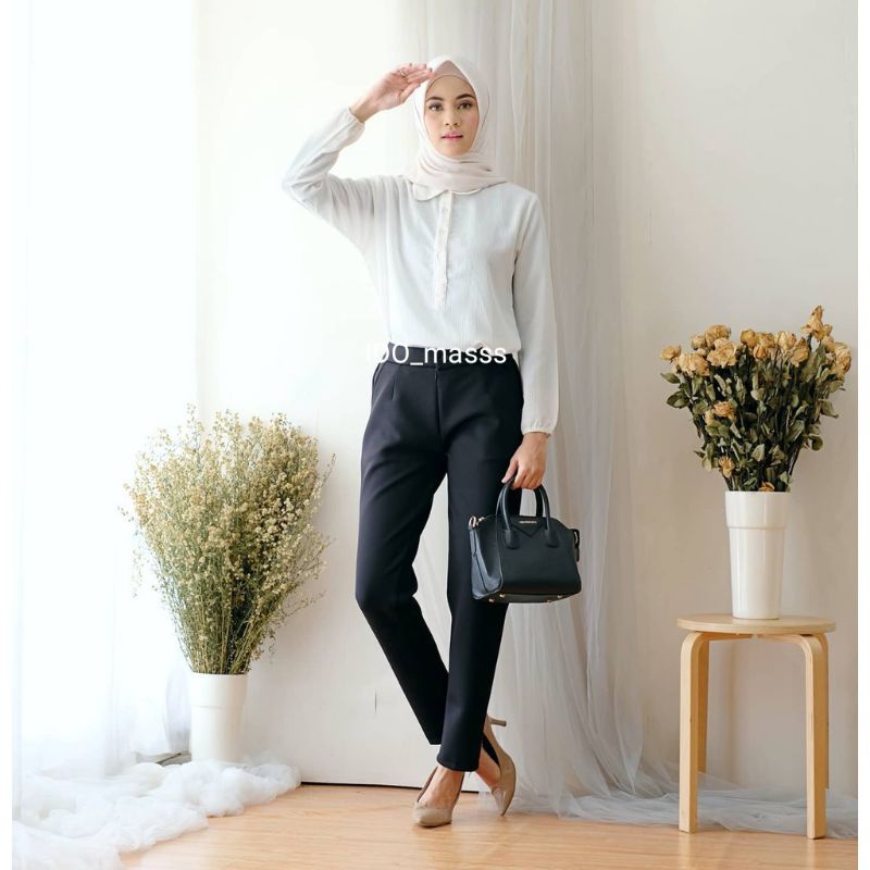 celana kerja kantor cewek highwaist muat bb 43_95kg premium bahan melar adem