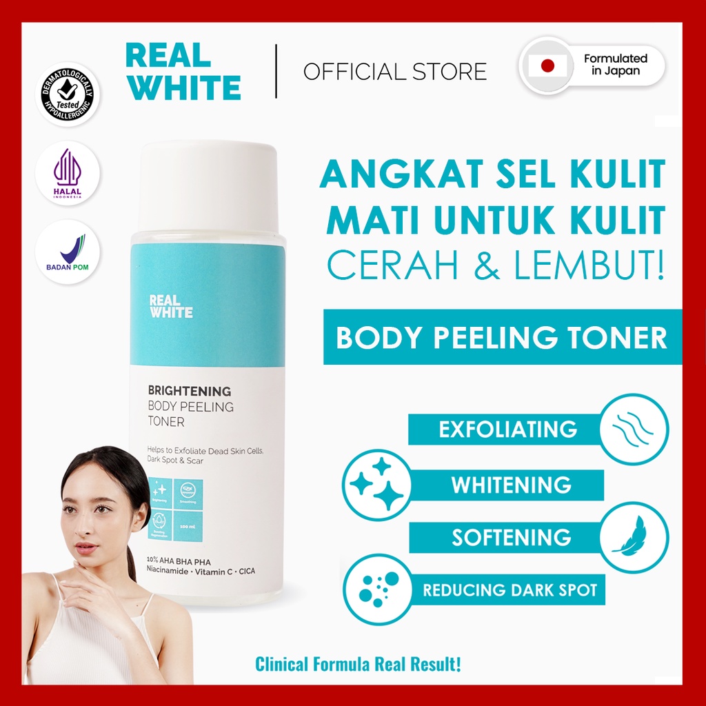 𝐑𝐄𝐀𝐋 𝐖𝐇𝐈𝐓𝐄 Toner Pemutih Badan Brightening Body Peeling Exfoliating Toner | BPOM HALAL Skincare Whit