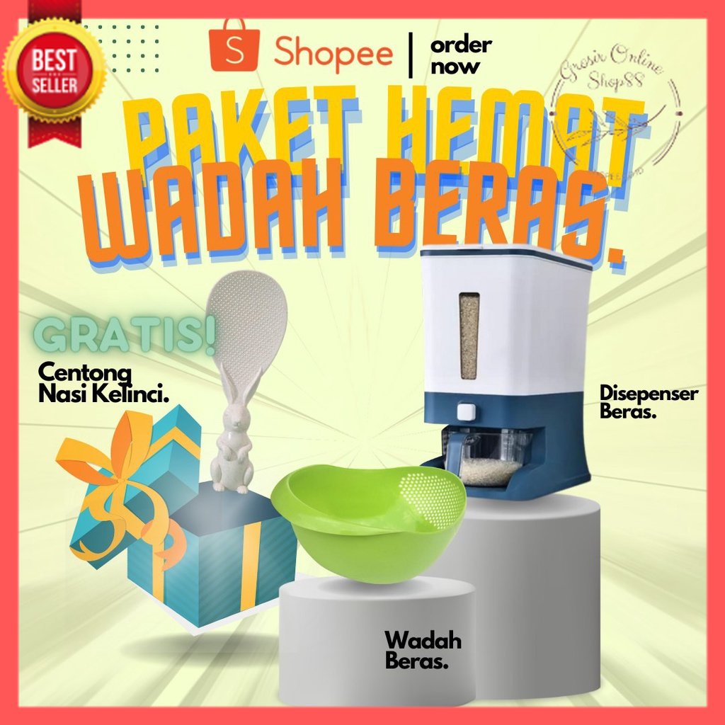 GOS- PAKET HEMAT WADAH BERAS/ Dispenser Beras Wadah Beras FREE Centong Kelinci