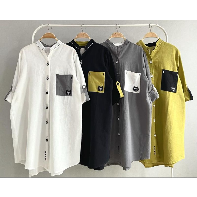 Tunik Kemeja Katun Linen Import Polos Kerah Shanghai New LuBaNa#6517
