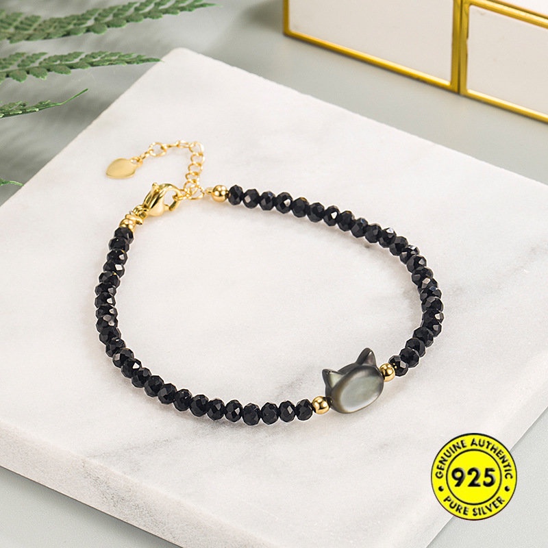 Gelang Tangan Rantai Adjustable Aksen Kucing Hitam + Kristal Untuk Wanita U1352