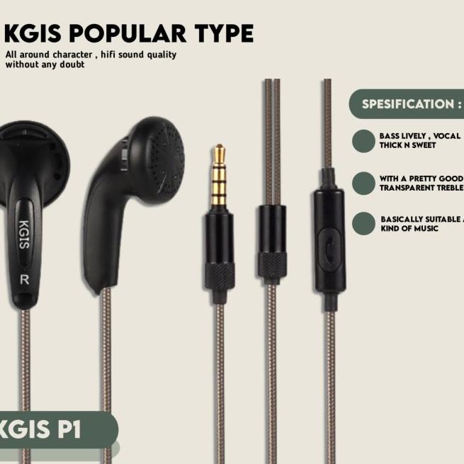 KGIS P1 HiFi Sound Bass Earphone Durable Cable Headset With Mic - Hitam