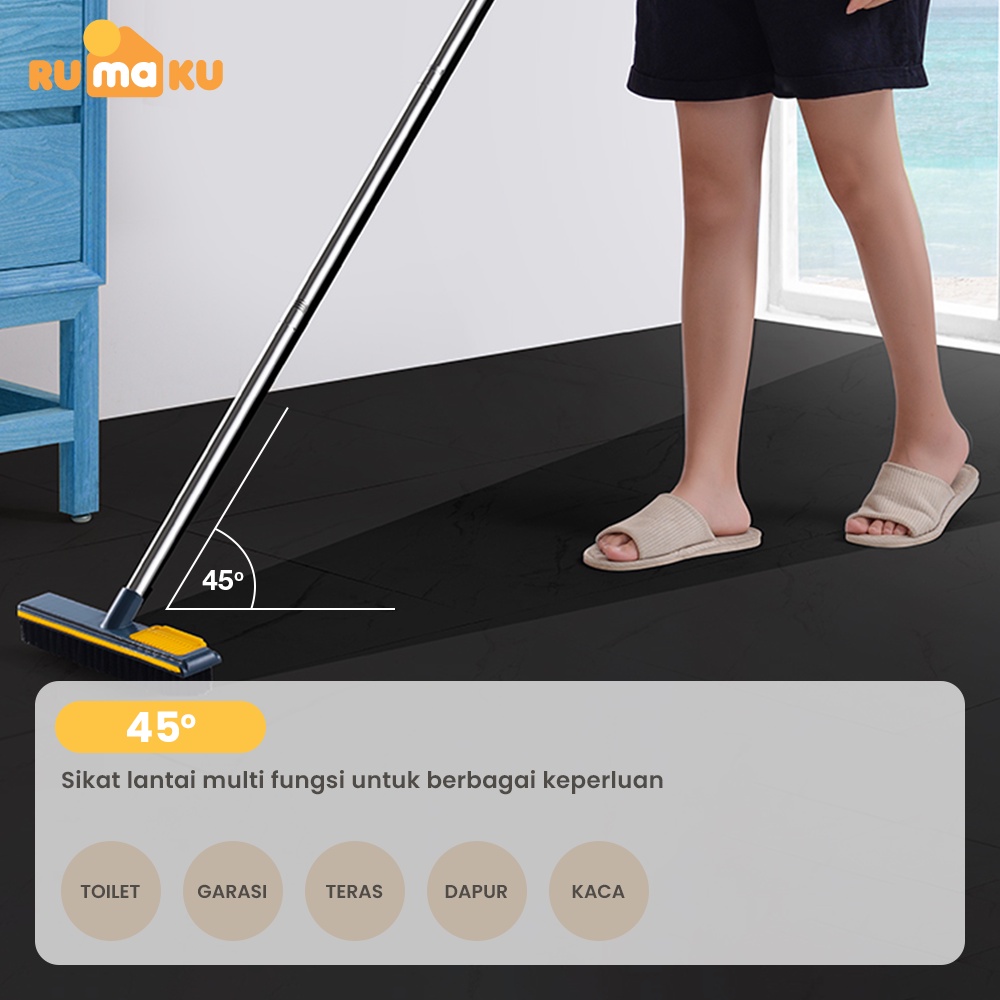Rumaku Sikat Lantai Kamar Mandi Toilet WC 2 in 1 Praktis Multifungsi Serokan Air Gagang Panjang