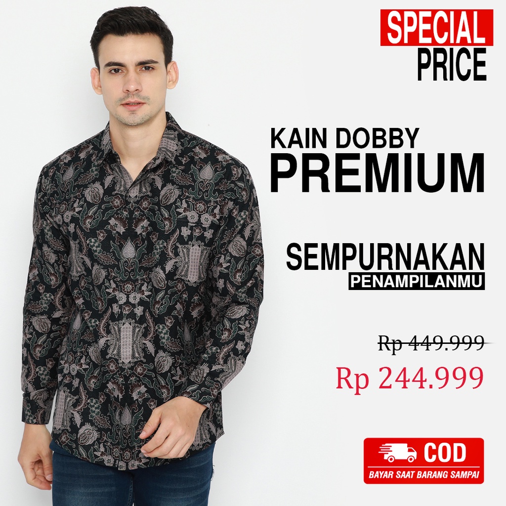 BATIK PRIA LENGAN PANJANG Kemeja Batik Dobby Slimfit Premium Motif Pintu Aceh Warna Hitam 721211 Cap 72 - Baju Kemeja Atasan Pakaian Setelan Batik Pria Cowok Laki Laki Remaja Keluarga Kantor Lengan Panjang Modern Slimfit Slim Fit Premium Kekinian