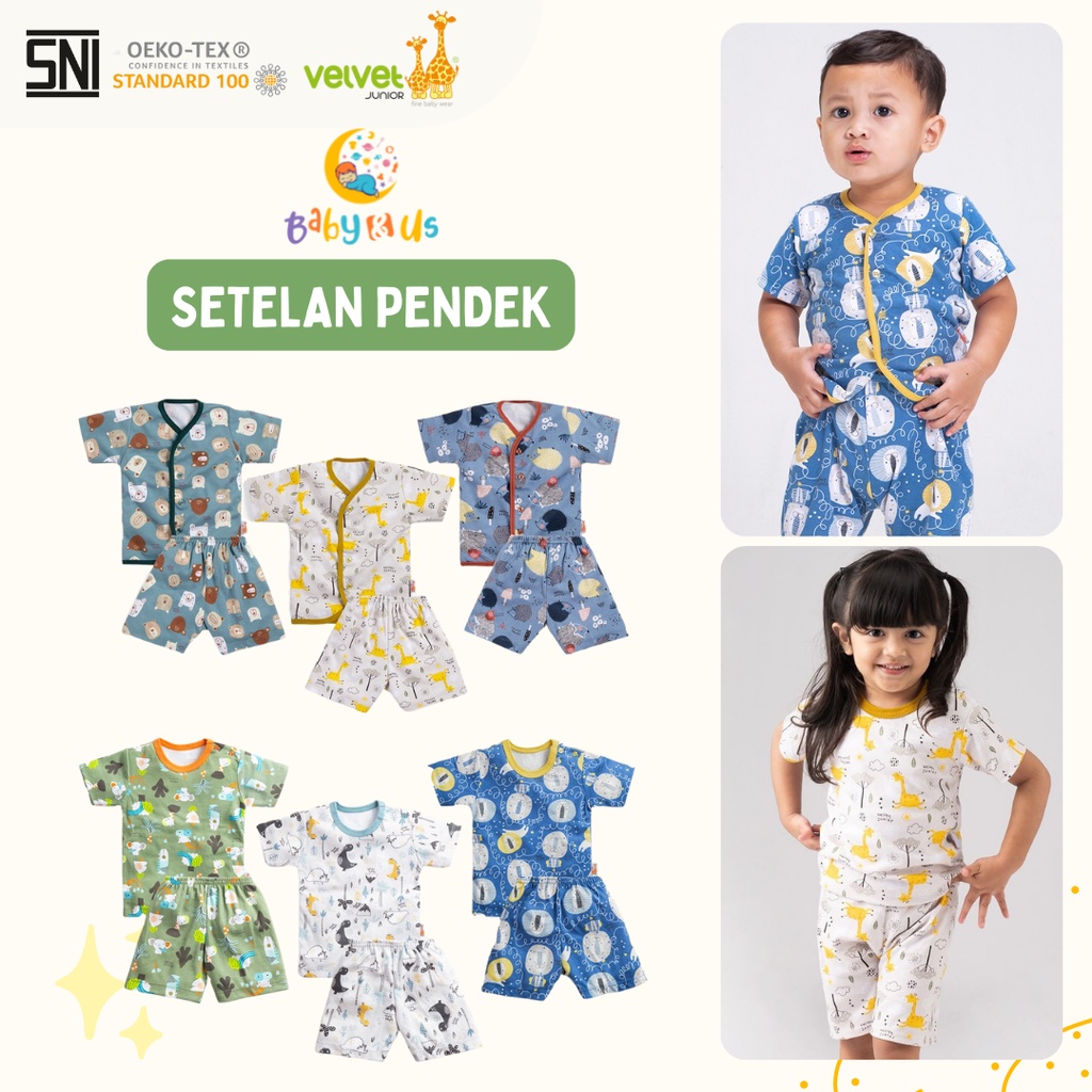 Velvet Junior Setelan Bayi Satuan - Atasan Pendek Celana Pendek Kancing Depan / Kancing Bahu NB S M L Pilih Motif