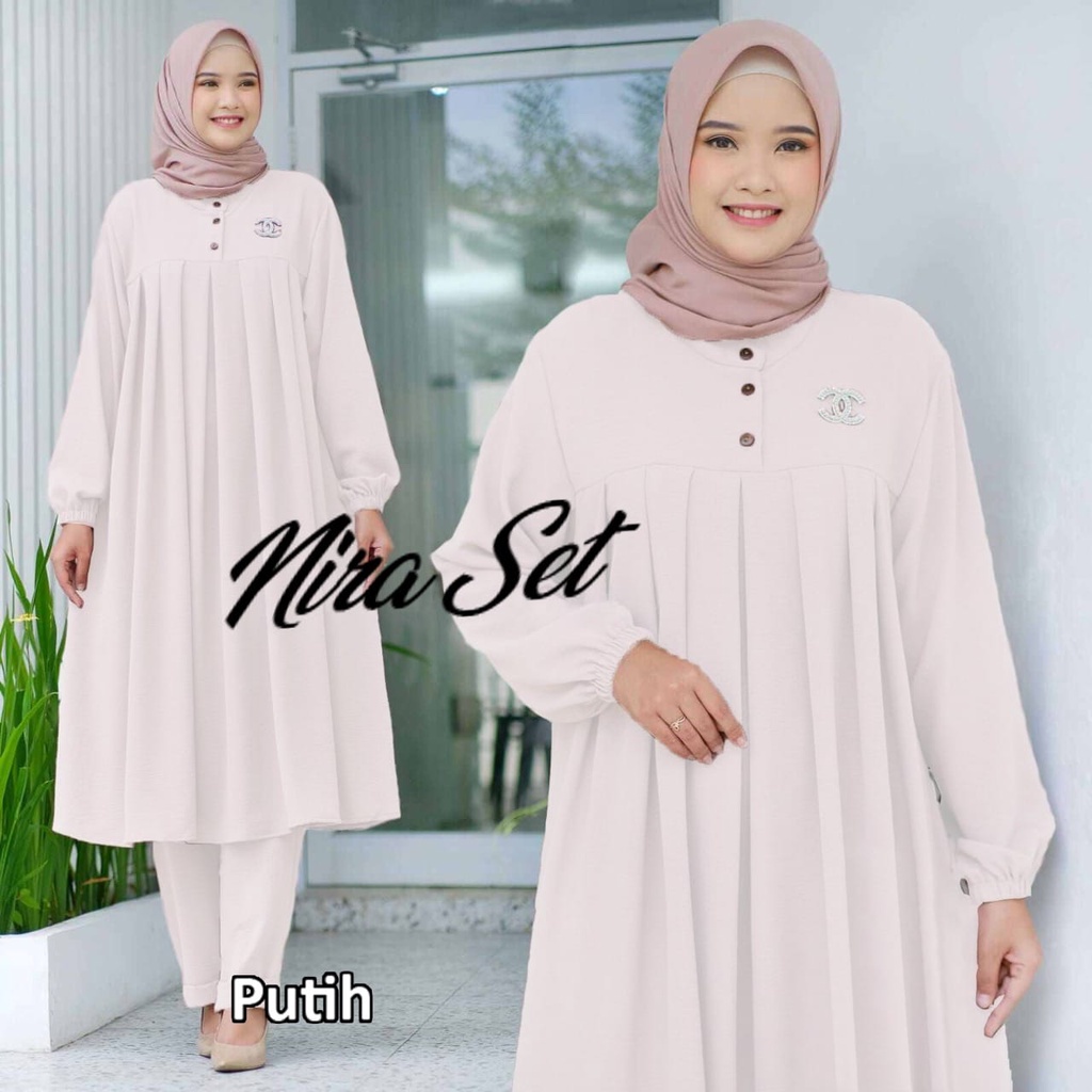 Bisa COD Baju Setelan Tunik Nira Set Bahan Crinkle Air Flow Size Jumbo / Pakain Muslim Wanita Terlaris