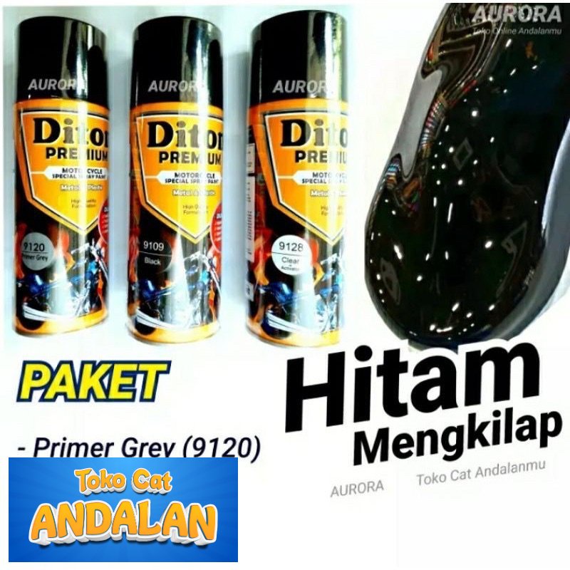 

Toko Cat Andalan - PAKET Diton Premium Black 9109 Hitam Mengkilap + Primer grey 9120 + Clear 9128 Cat Pilox Pilok Gloss Toko Cat Andalan Motor dan Mobil