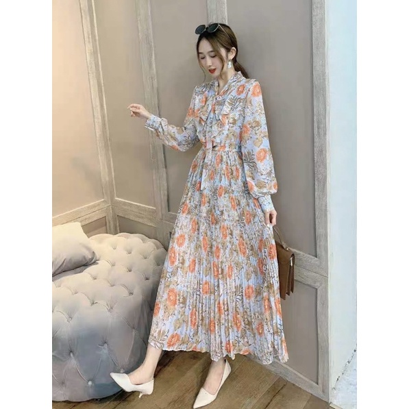 [RARA]Maxi dress motif bunga panjang wanita plisket pita leher gamis muslim