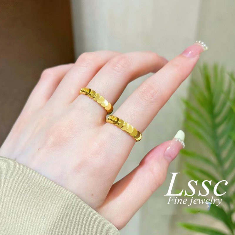 Cincin Titanium Wanita Sisik Ikan Berkilau Cantik Emas 18K Anti Karat Perhiasan Aksesoris Fashion