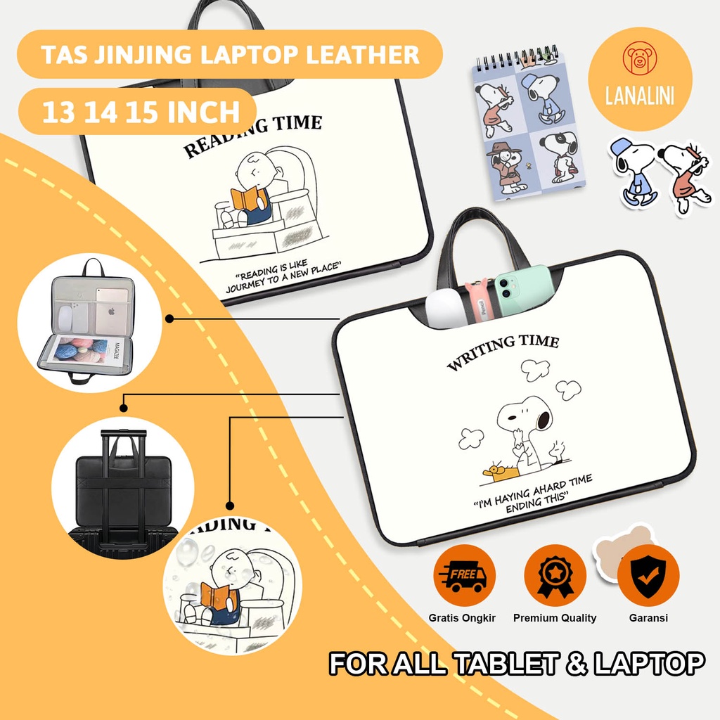 Sleeve Pouch Sarung Tas Bag Case Ipad Tab Tablet Macbook Air Pro Laptop Asus Acer Lenovo HP Huawei 11 12 13 14 15 inch Motif Gambar Kartun Cartoon Snoopy Warna Hitam Black Cute Murah Korean Model Jinjing Tali Strap Waterproof Tahan Air