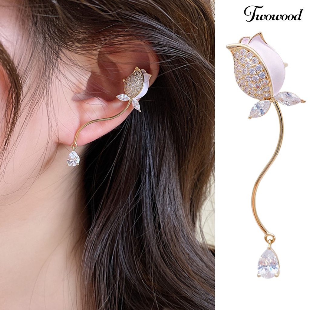 1pc Anting Klip Desain Bunga Tulip Aksen Berlian Imitasi Gaya Retro Untuk Hadiah