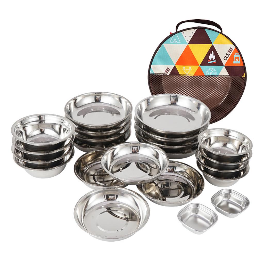 22pcs Set Peralatan Makan Tahan Aus Piring Stainless Steel Indoor Outdoor Alat Masak Hiking Travel Camping Dapur