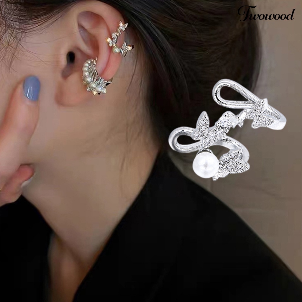 1 Pc Anting Klip Bentuk Kupu-Kupu Aksen Mutiara Tiruan Bahan Cubic Zirconia Untuk Wanita