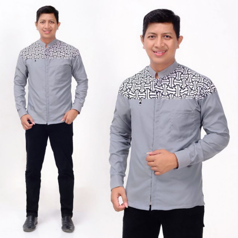 Koko Batik Pria Fashion Muslim Kombinasi Putih M L XL Dewasa