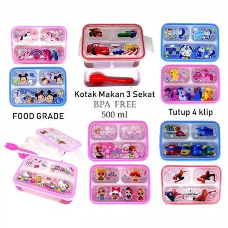 Kotak Makan 3 Sekat Lunch Box Karakter / Lunch Box Sekat 3 Mini