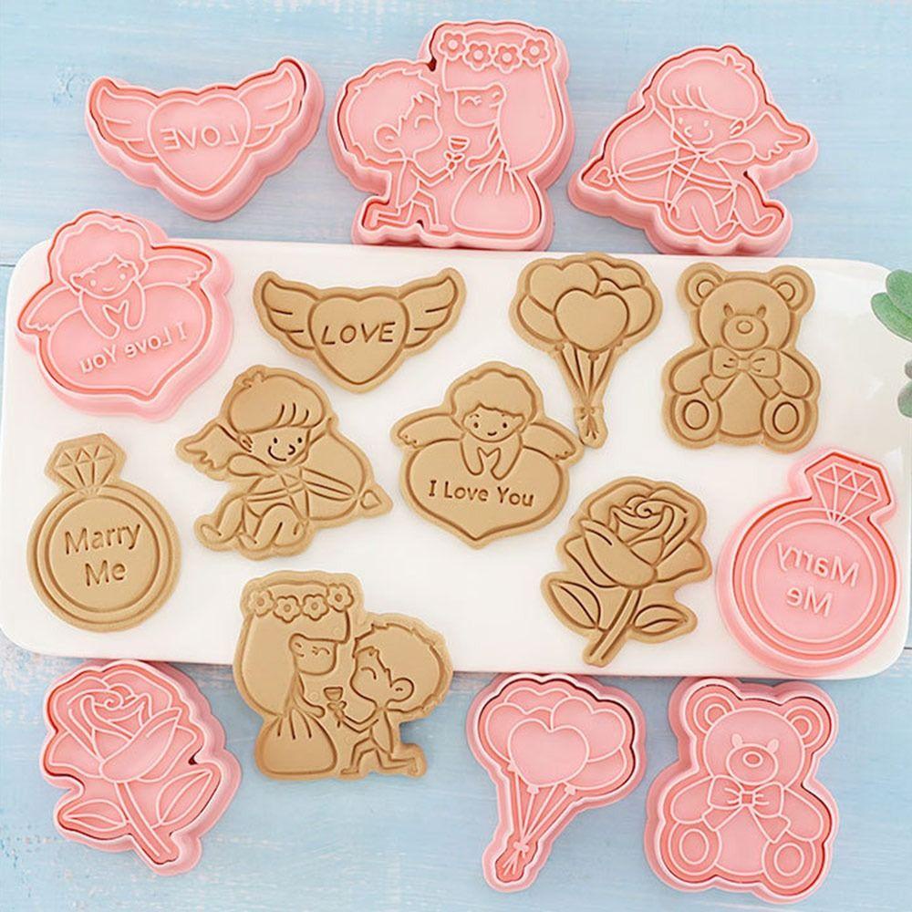 Solighter 8pcs/set Cetakan Biskuit Makanan Fondant Kue Alat Cupid Balon Bunga Mawar Plastik Berlian Cetakan Kue