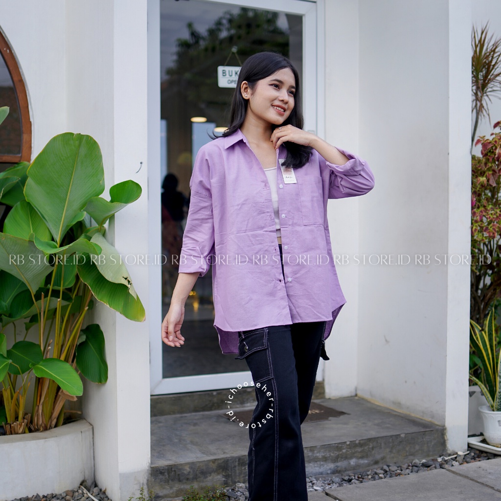 Kemeja Wanita Linen Oversize Olivia Shirt Linen Pocket-OLIVIA LILAC