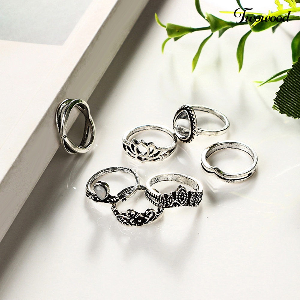 7 Pcs Cincin Knuckle Midi Desain Ukiran Bunga Teratai Tetesan Air Rongga Gaya Vintage Untuk Wanita