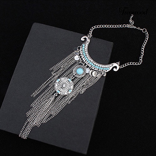 Kalung Rantai Choker Liontin Rumbai Panjang Turquoise Bahan Alloy Gaya Bohemian Untuk Wanita