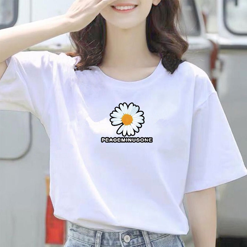 Baju Kaos Bunga Daisy Wanita Jumbo Oversize Lengan Pendek