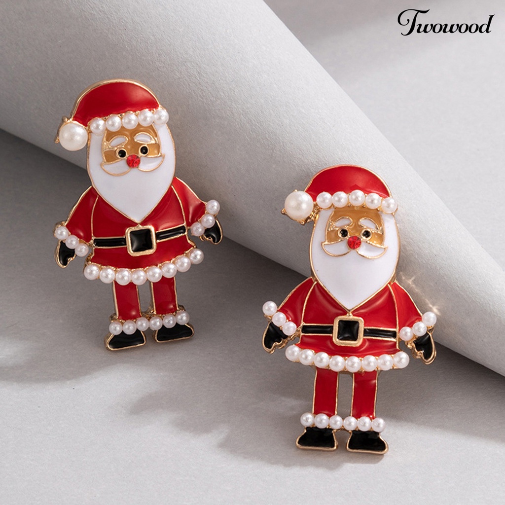 1 Pasang Anting Stud Desain Kartun Santa Claus Aksen Berlian Imitasi Untuk Wanita