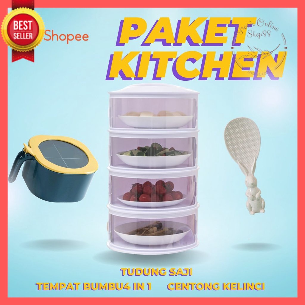 GOS - PAKET KITCHEN 3in1 TUDUNG SAJI 4 SUSUN + TEMPAT BUMBU 4in1 + CENTONG KELINCI