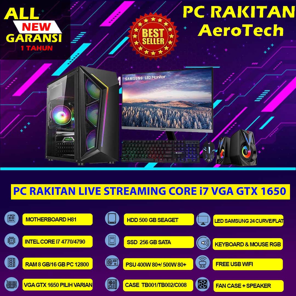 PC RAKITAN GAMING LIVE STREAMING INTEL I7 4790|RAM 16 GB|VGA GTX 1650 4 GB|SSD 256GB| LED 24 INCH EDITING DESAIN RENDERING