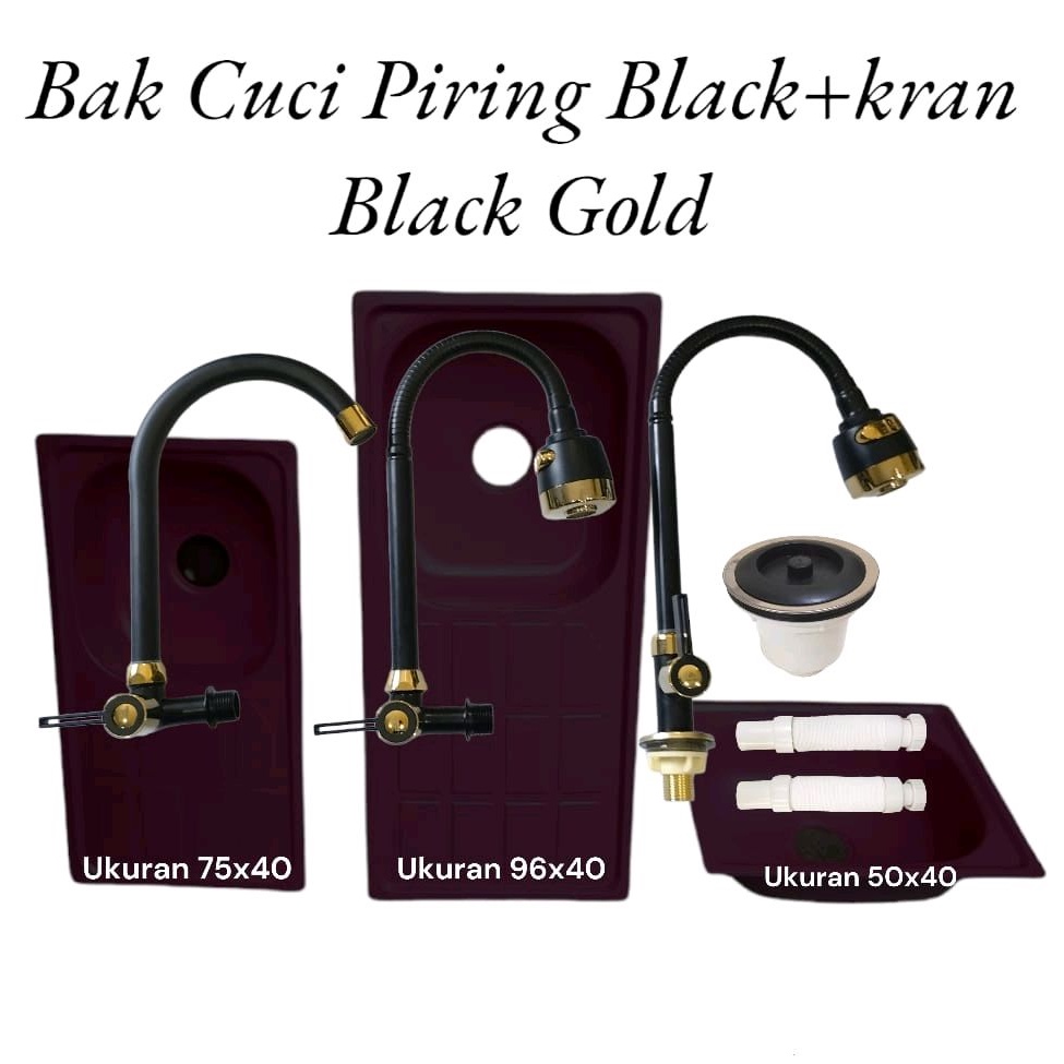 Bak/Wastafel Cuci Piring Stainless Hitam Plus Kran Cuci Piring Hitam Gold Drat 1/2inc