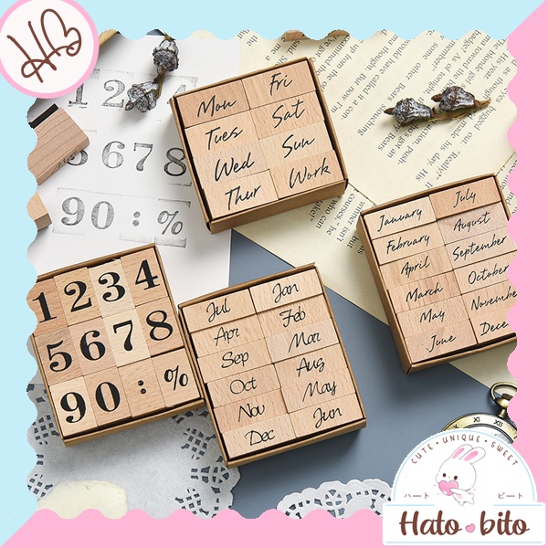 

1 set wooden stamp vintage retro month week day diy journal scrapbook stempel kayu bulan hari aesthetic HB1364