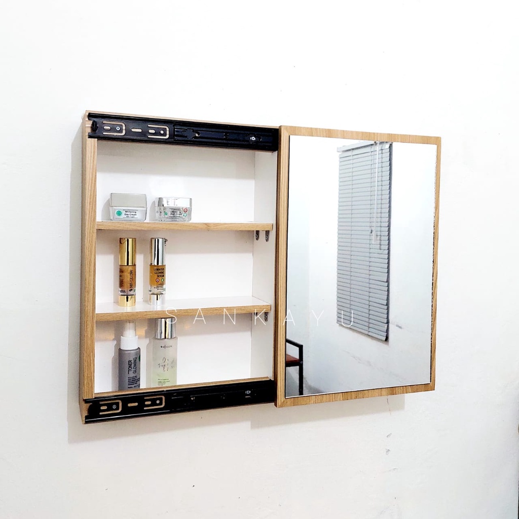 Premium (COD) Lemari Kaca Cermin Rias Dinding Rak Kosmetik Cermin Geser Lemari Makeup FreeOngkir