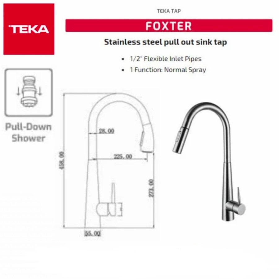Tap Mixer Hot &amp; Cold Teka Foxter Pull Out Material Stainless Steel