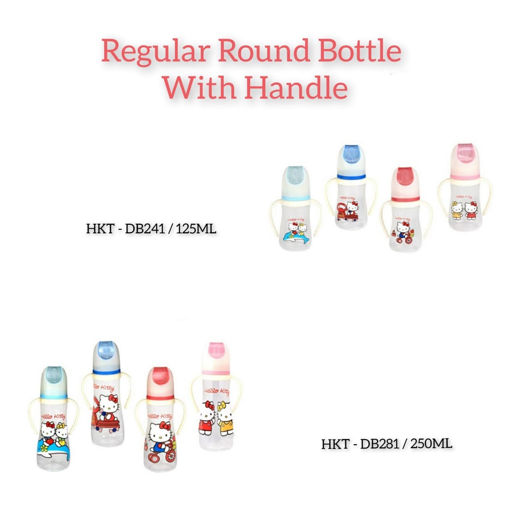 Lusty Bunny Hello Kitty Regular Round Bottle With Handle Botol Susu Bayi (HKT DB241- HKT DB281)   125ml - 250ml  LustyBunny Botol Susu  Reguler Round With Handle
