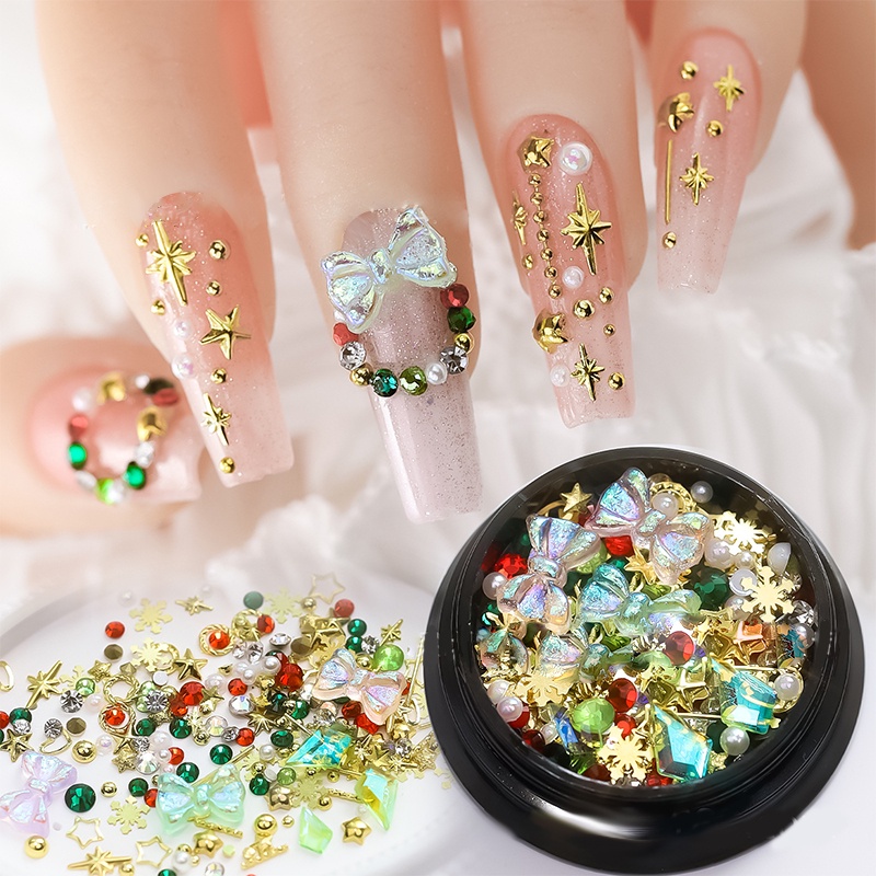 1 Kotak Mutiara Putih Campuran Dengan Bola Baja Berlian Imitasi Warna Emas Perak Untuk Dekorasi Nail Art