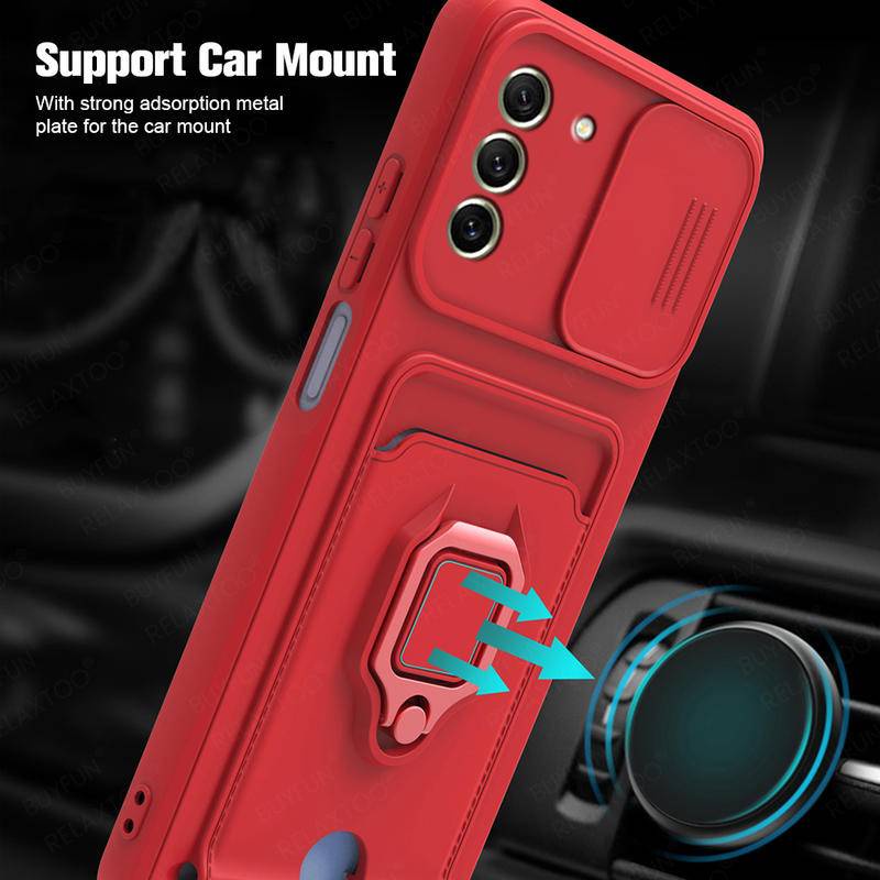 Case Pelindung Lensa Kamera Dengan Ring Stand Slot Kartu Magnetik Untuk Samsung Galaxy S21 S20 Lite FE