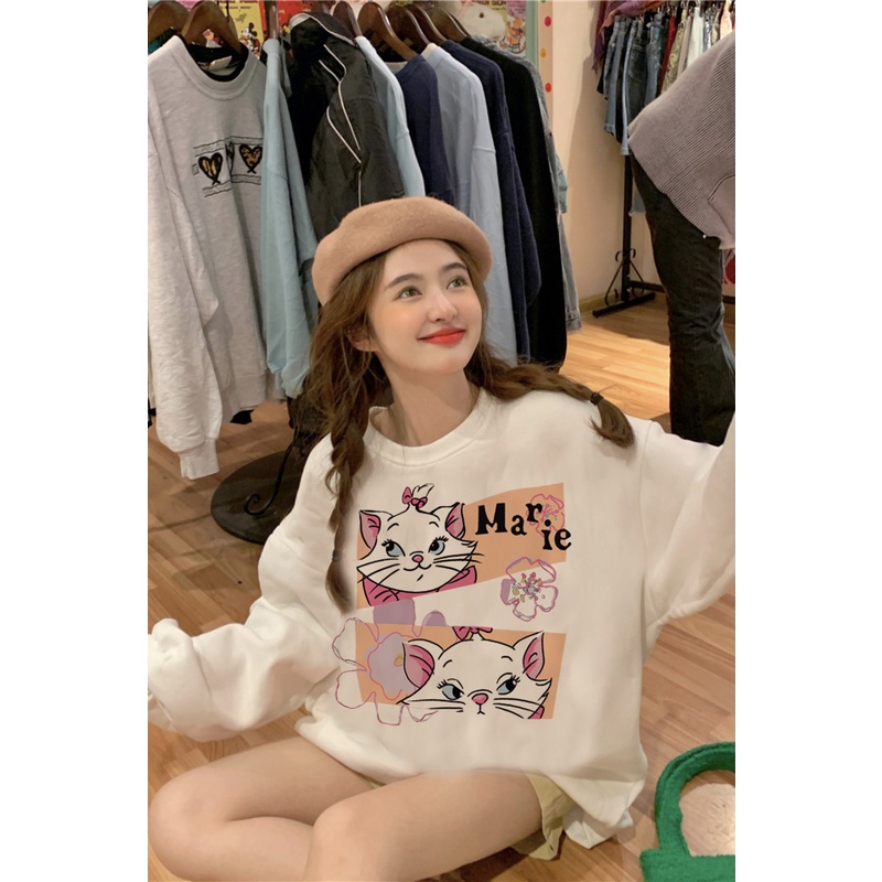 EUNII Sweater Lengan Panjang Cute Cat Korean Style/Hoodie Oversize/Baju Wanita/Switer Wanita