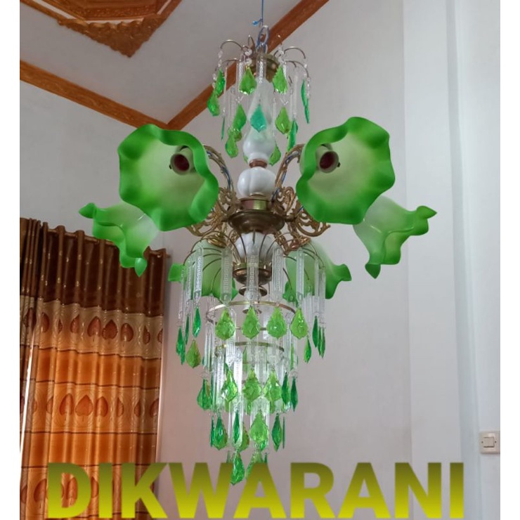 LAMPU KRISTAL TULIP JUMBO GREEN 7 BOHLAM/LAMPU GANTUNG/LAMPU HIAS/LAMPU DEKORASI