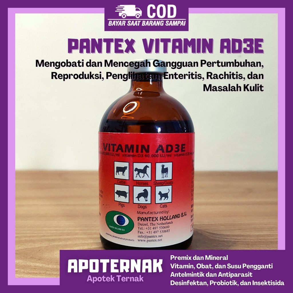 PANTEX VITAMIN AD3E Ade | Mencegah Defisiensi Vitamin AD3E, Gangguan Pertumbuhan, Reproduksi, dan Pengelihatan | Pantex Holland | Apoternak