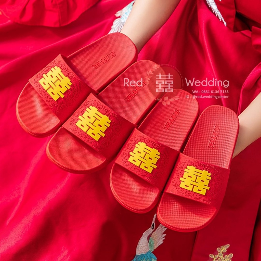 [Logo Big Xi] Sandal Merah Bahan KARET Pengatin Groom /Bride  Sepatu Wedding dengan Logo Shuang Xi Sanghi